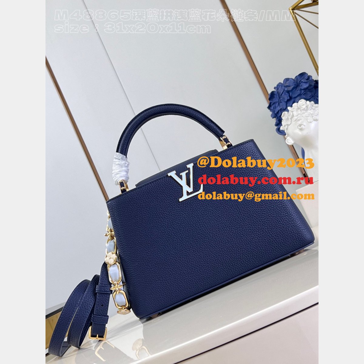 Louis Vuitton M48865 Dark Blue Light Flower Chain Capucines Replica Handbag