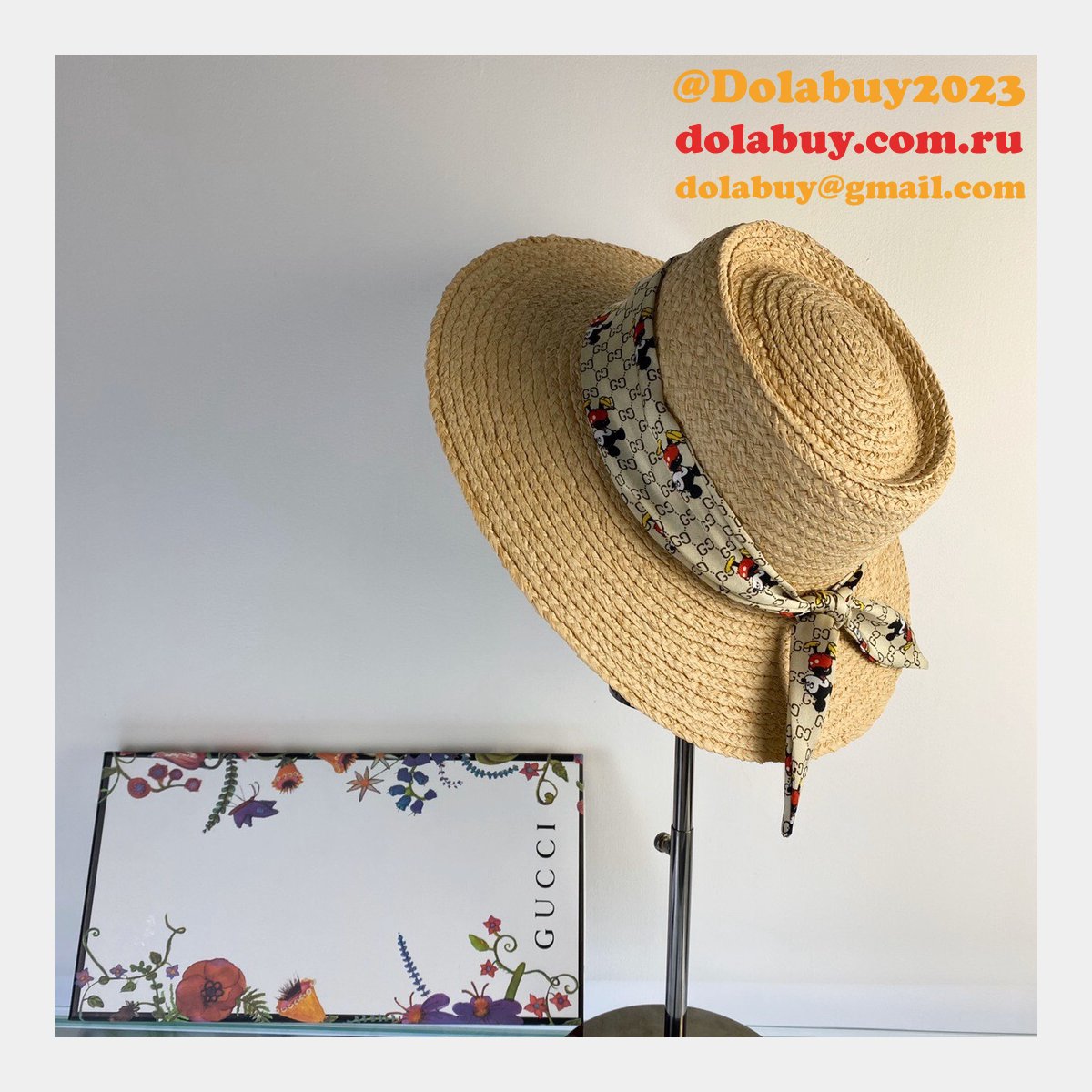 G*u*i replica 2020 mickey ribbon raffia uk hat