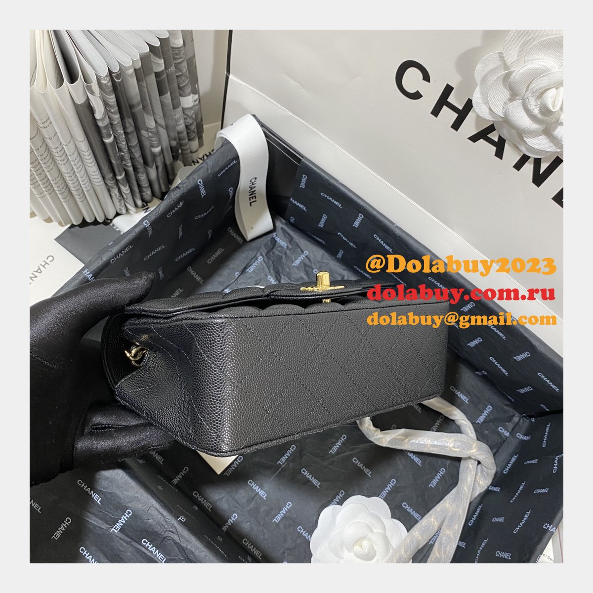 7 Star CC Lambskin Flap Designer Black Bag 20CM