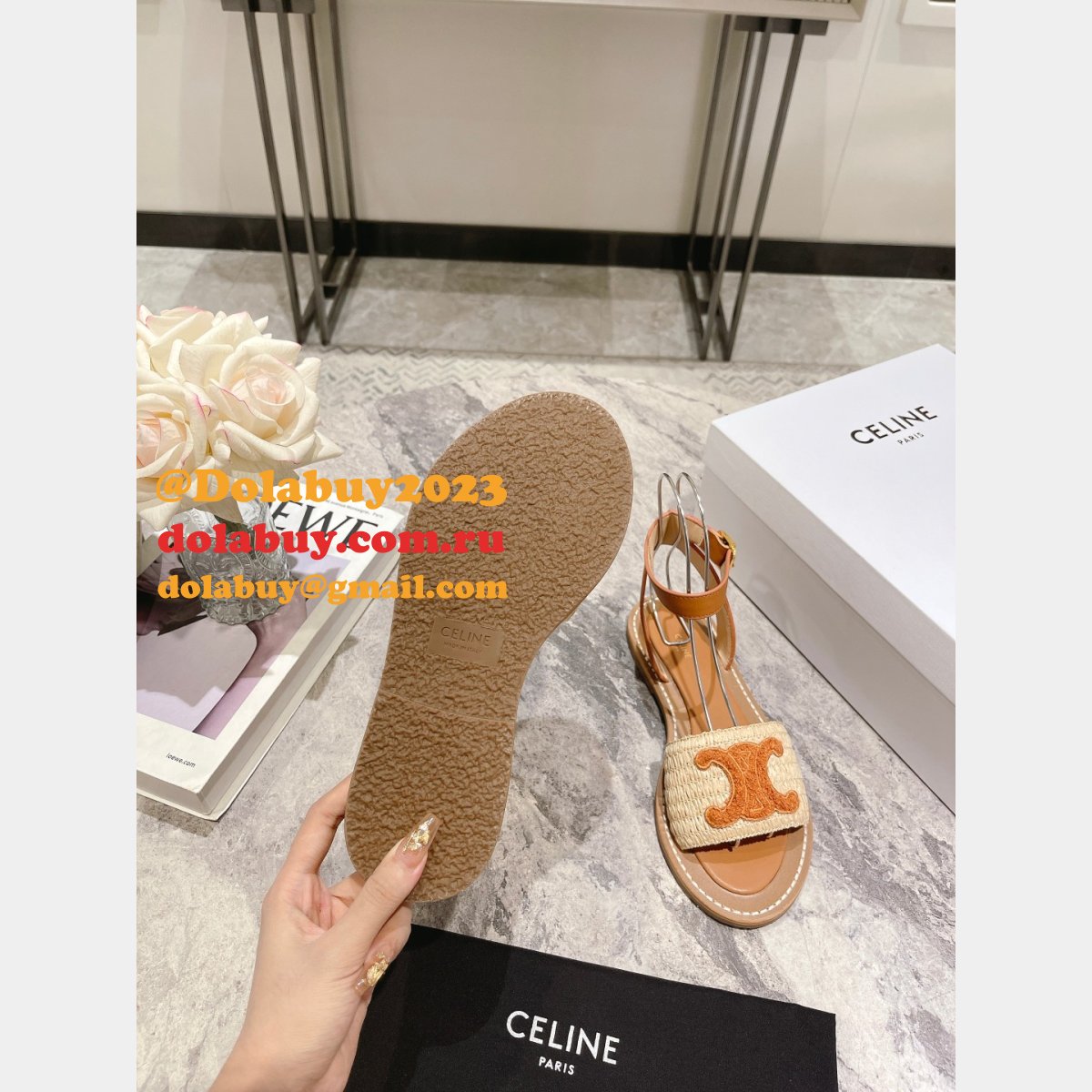 Top Quality Celine LYMPIA FLAT STRAP SANDAL in RAFFIA & CALFSKIN