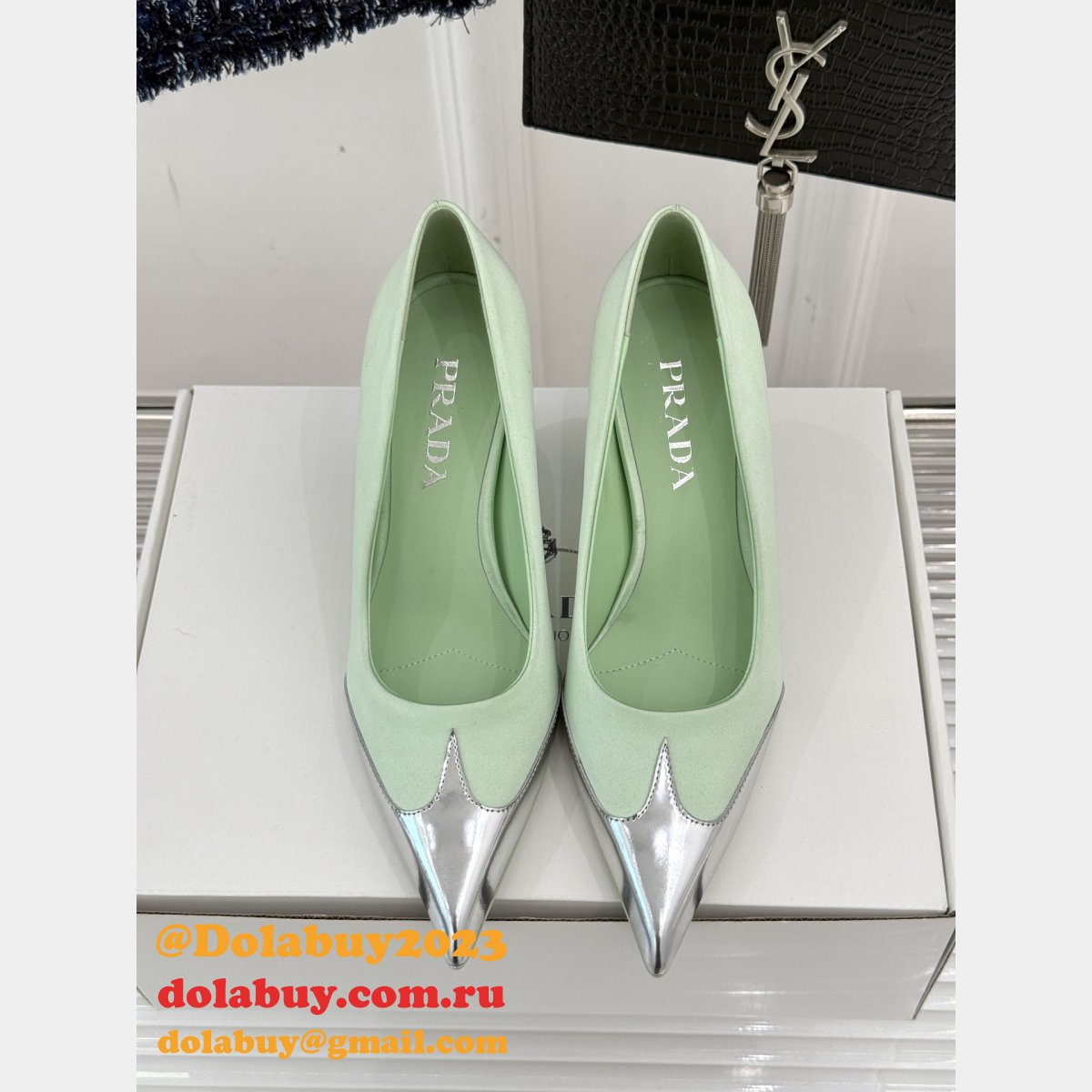 7 Star Prada Satin And Metallic Leather Pumps