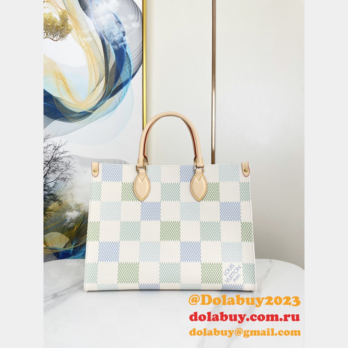 New Louis Vuitton On the Go N40518 Blue Pastel Damier Tote Knockoff Bag