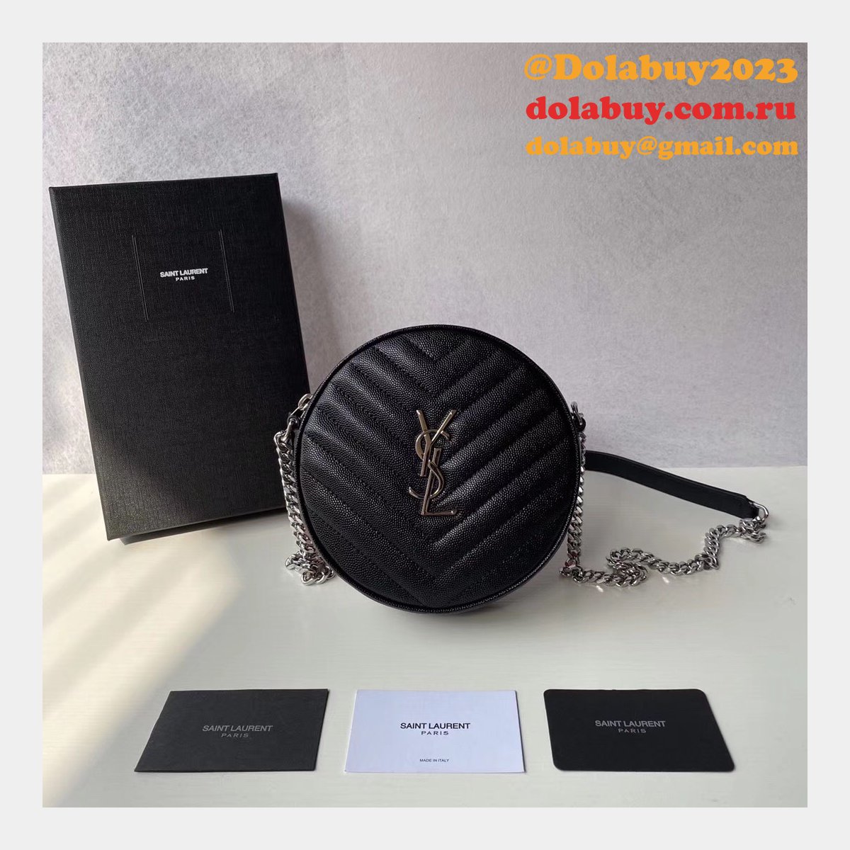 Cheap YSL Vinyle round camera bag 610436 chevron-quilted