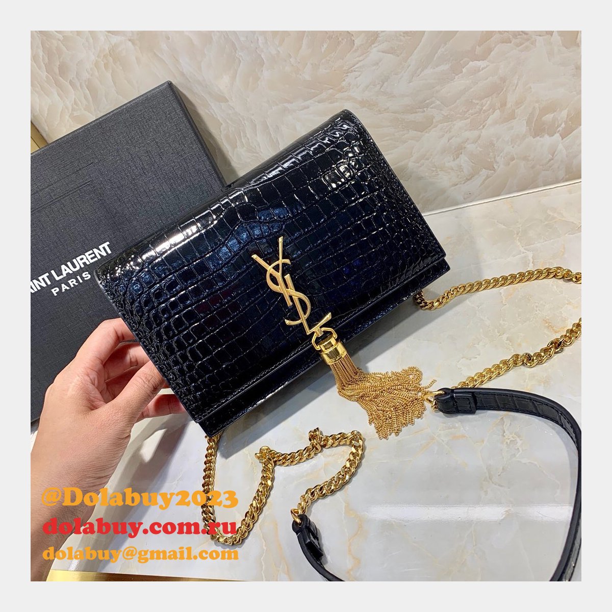 Replicas YSL Monogram chain wallet black 19cm grain de poudre