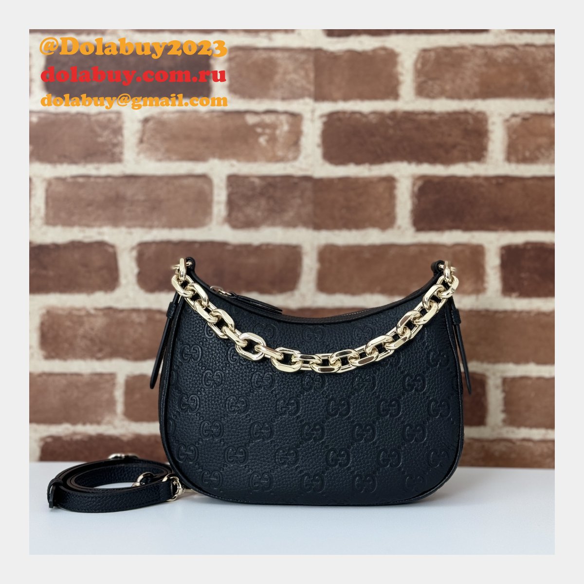 Gucci 815409 Black GG Emblem Small Shoulder Chain Knockoff Bag