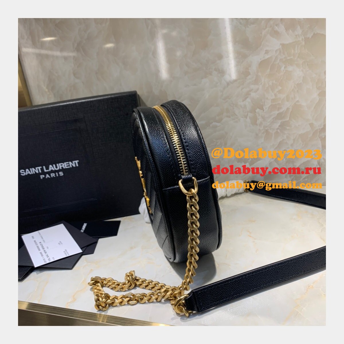 Cheap YSL Vinyle round camera bag 610436 chevron-quilted