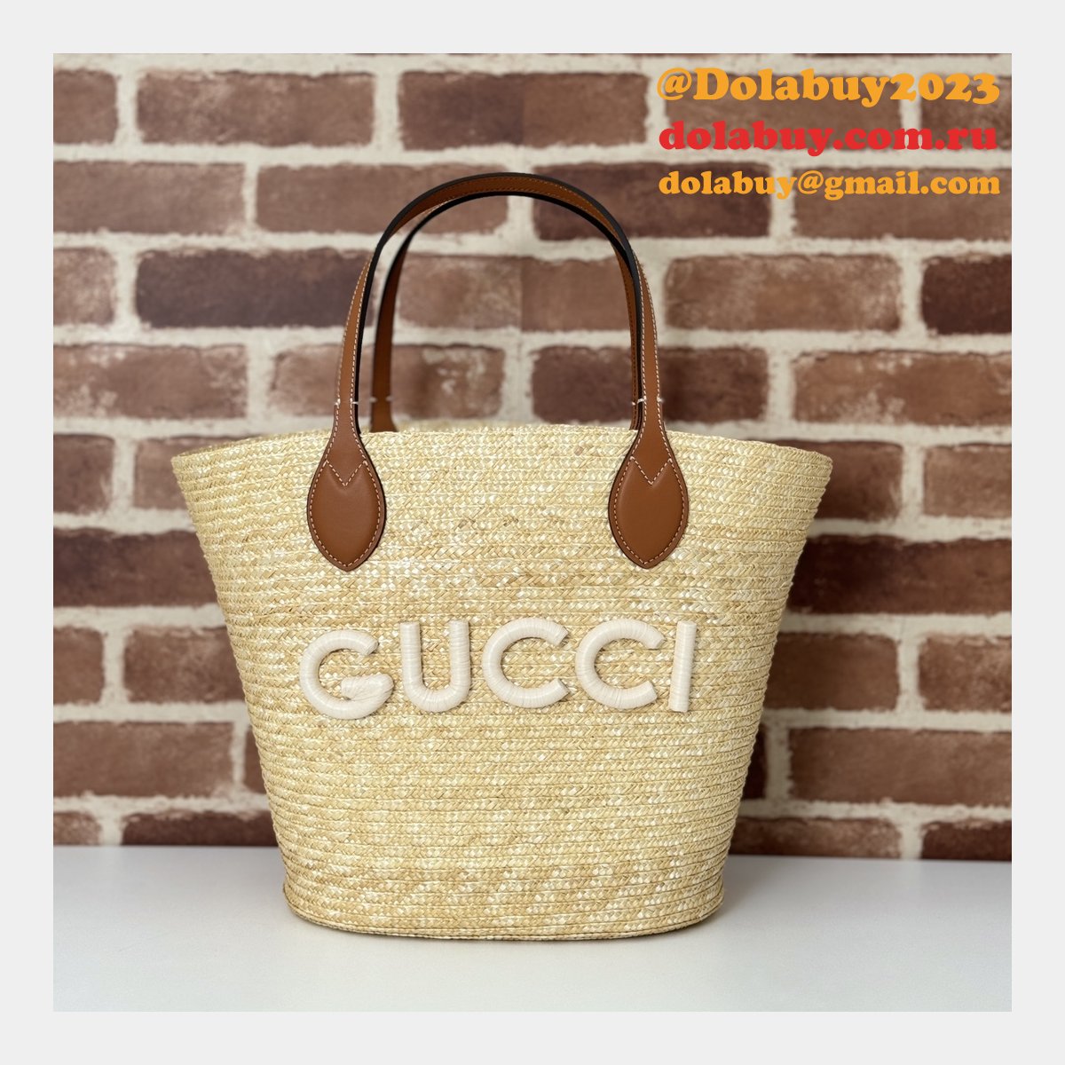Fashion Medium Straw Tote With Gucci Patch 779530 Fake Bag