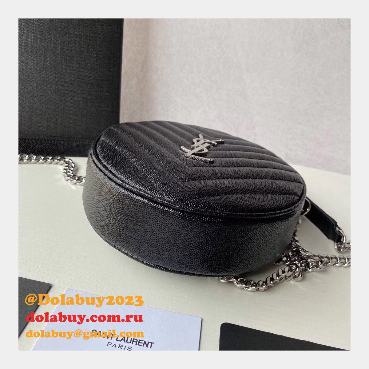 Cheap YSL Vinyle round camera bag 610436 chevron-quilted