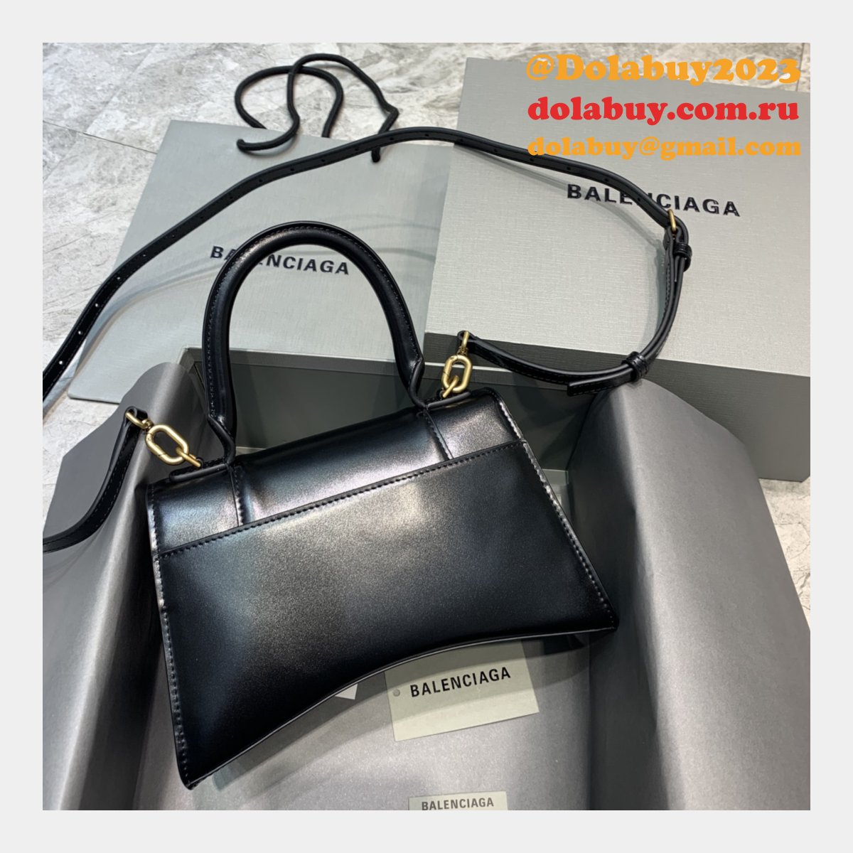 Cheap Balenciaga Hourglass Croc-Embossed Leather Top Handle Bag Plain black