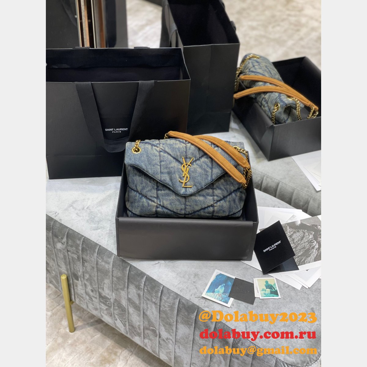 Saint Laurent Cheap Toy Loulou Puffer Matelassé Denim Bag