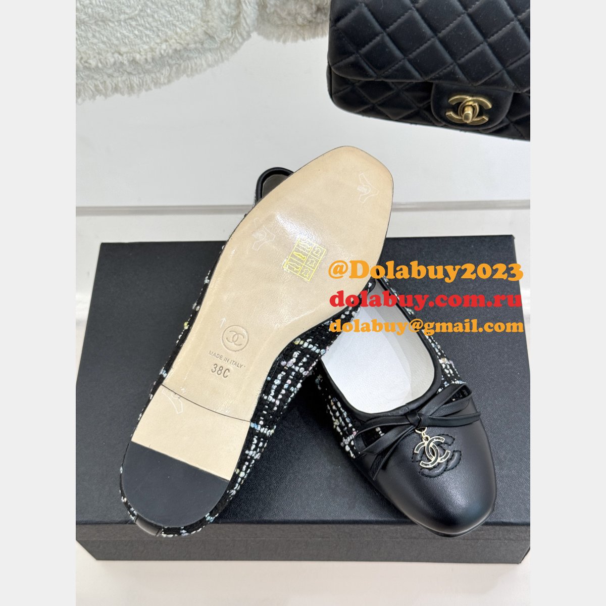 Wholesale CC Ballet Tweed Leather Flats