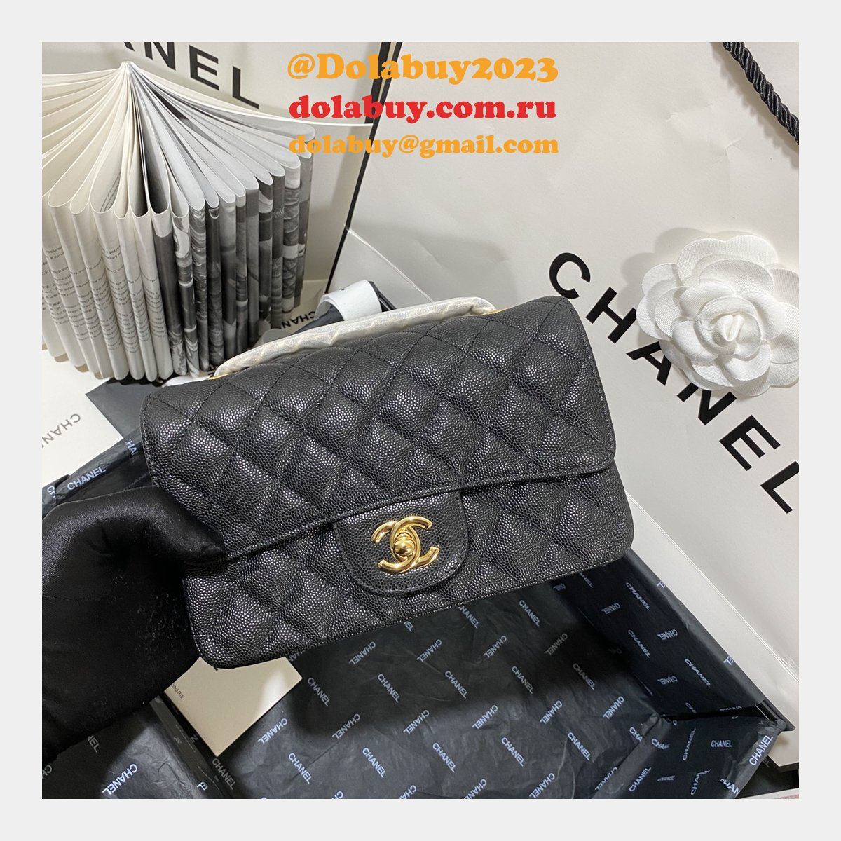 7 Star CC Lambskin Flap Designer Black Bag 20CM