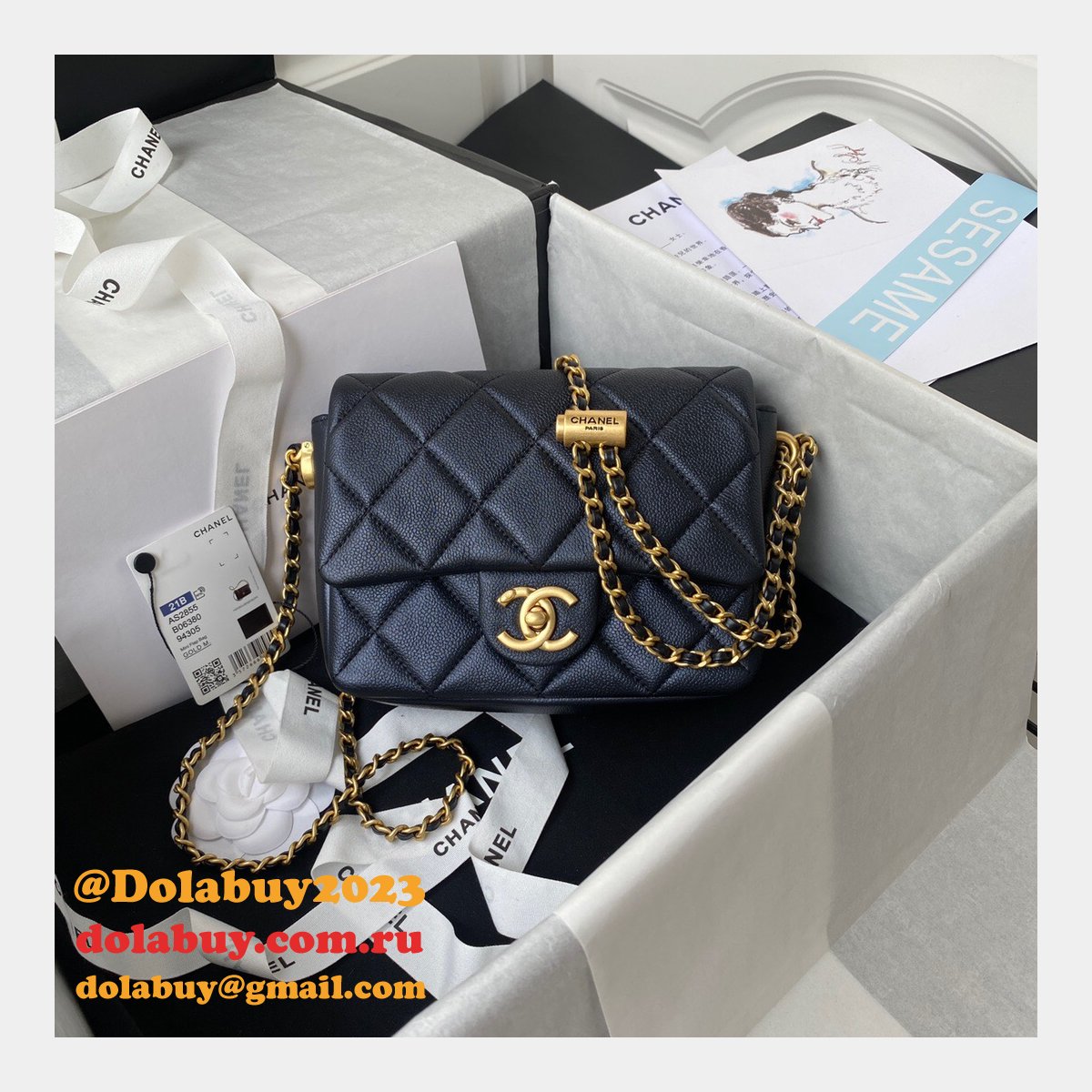 High Quality Designer Replica Mini AS2855 Flap Bag Iridescent Grained Calfskin & Gold-Tone Metal