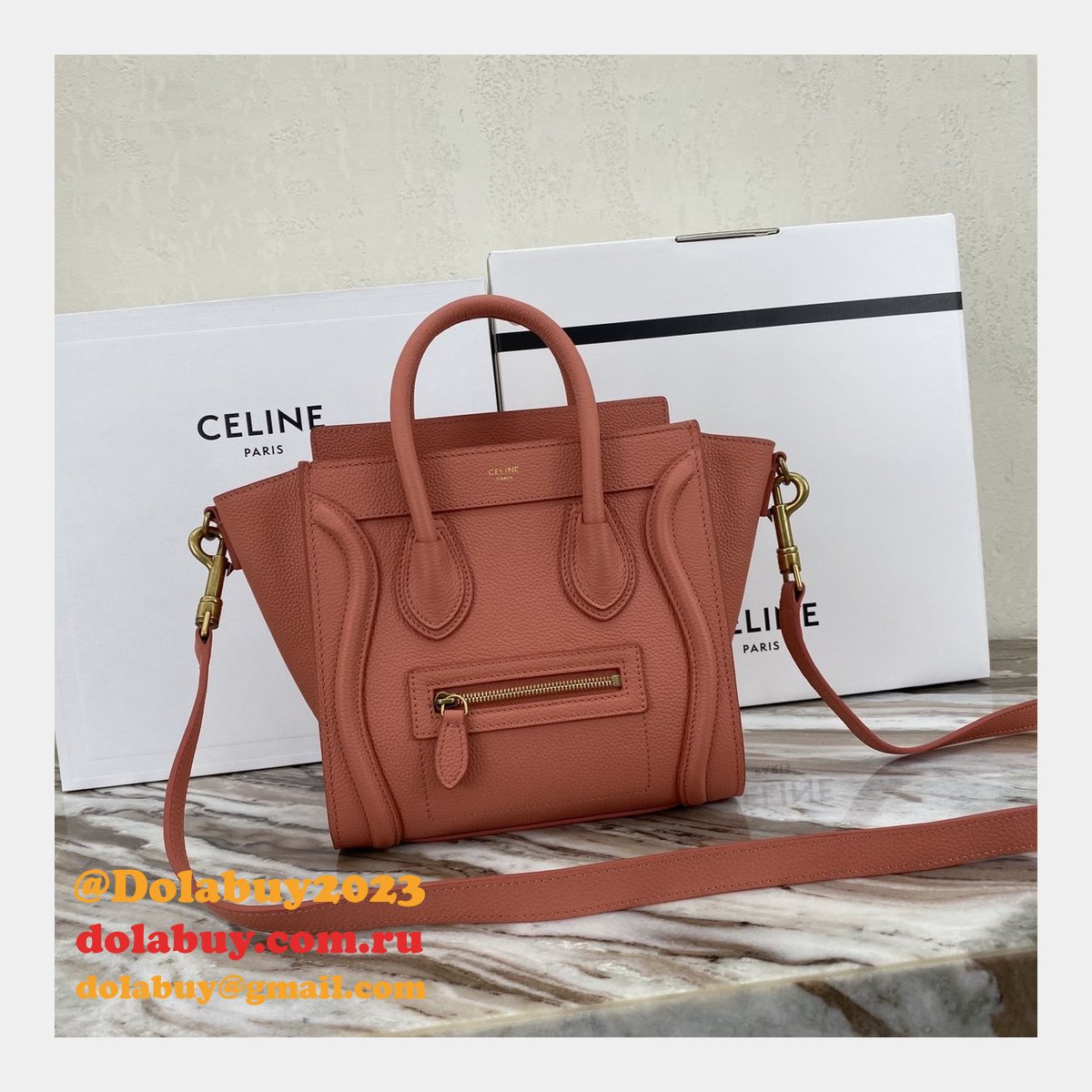 Replica Celine Pink Nano Luggage bag in drummed calfskin