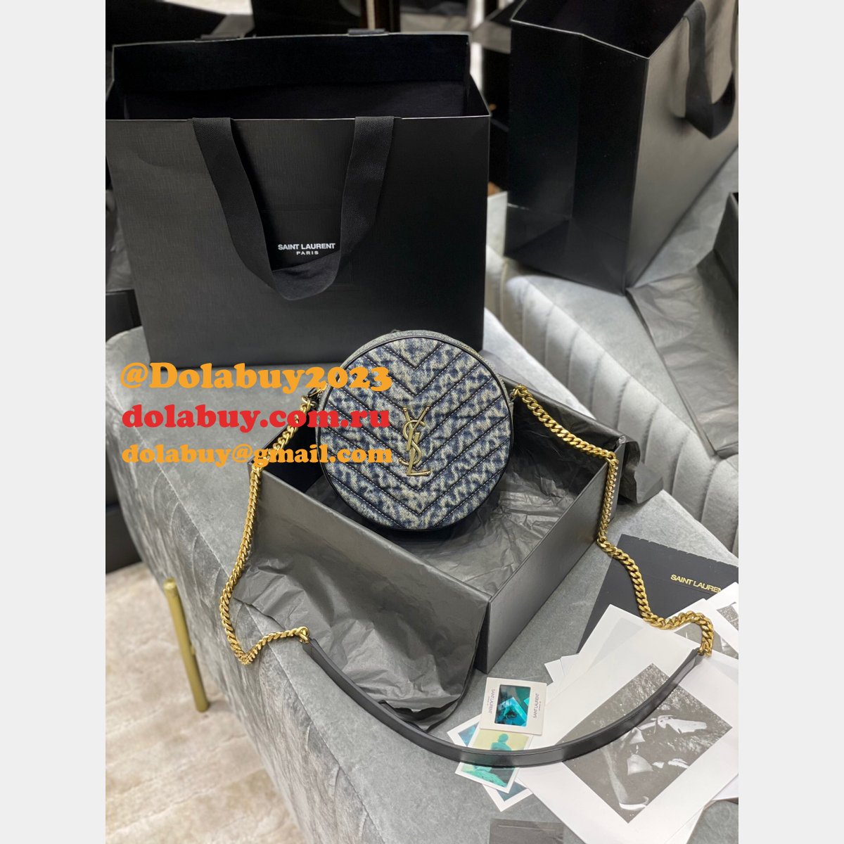 Saint Laurent Fake Vinyle round camera bag 610436 chevron-quilted