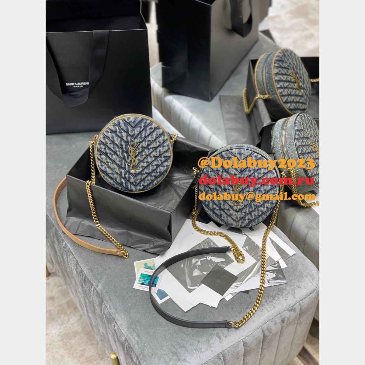 Saint Laurent Fake Vinyle round camera bag 610436 chevron-quilted