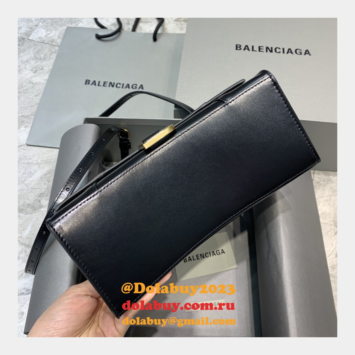 Cheap Balenciaga Hourglass Croc-Embossed Leather Top Handle Bag Plain black