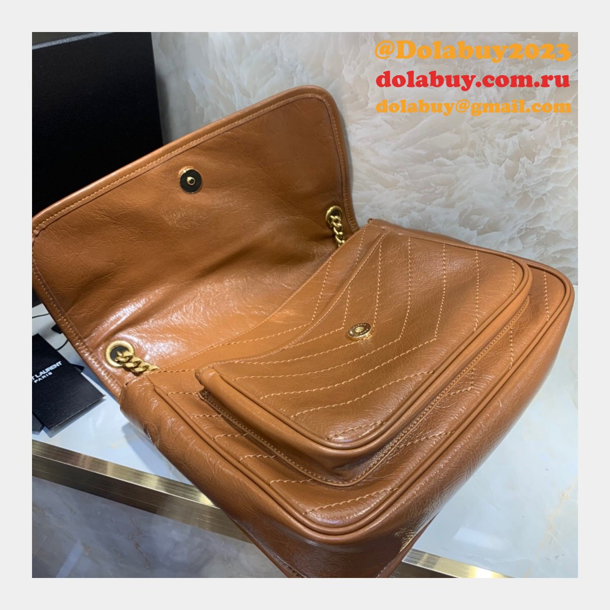 Buy Online YSL Nikki 28cm 498894 Stitch Flap Brown Bag